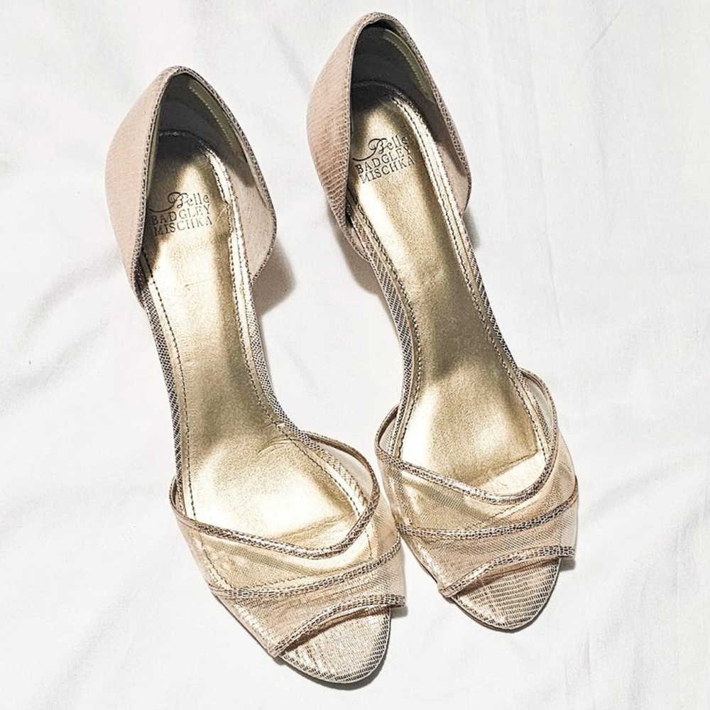 Belle by Badgley Mischka gold D'Orsay open toe mesh pumps size 10